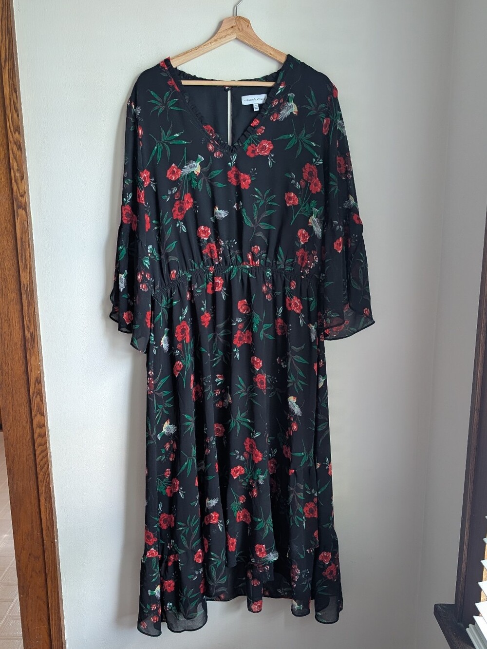 Gibson Latimer Black Winter Floral Midi Dress with Red & Green